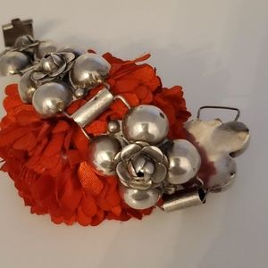 Sterling silver bracelet 4 rose topped links bracelet  marked silver mexico